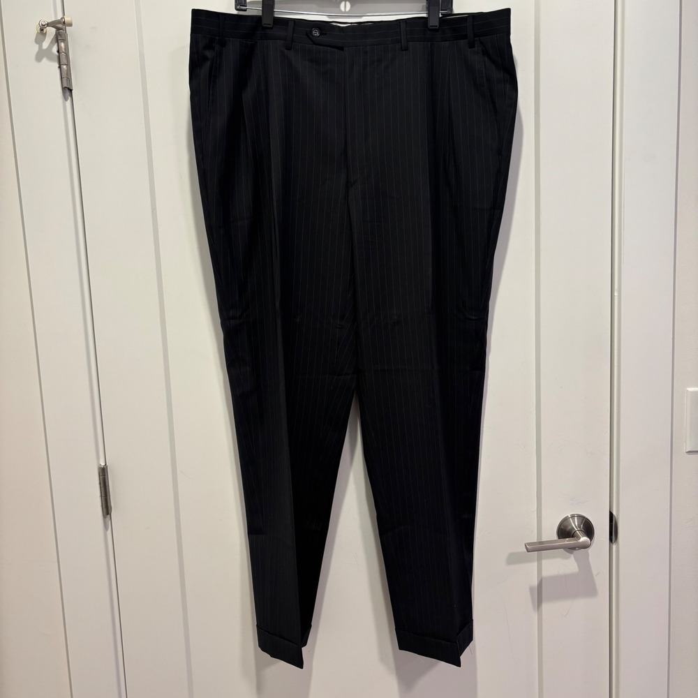 Canali Mens Black Pinstripe 100% Wool Dress Pants Made in Italy Cuffed Size 7R